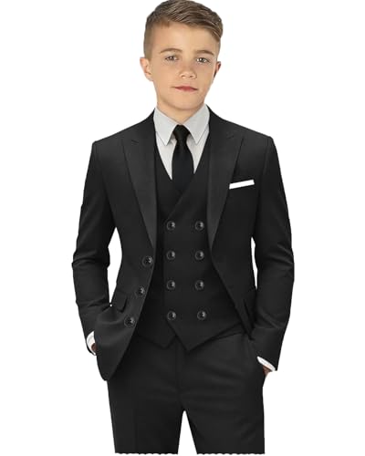 Image of Boys Black Suit Size 6 Kids Tuxedo Double Breasted Suit 5Pcs Blazer Vest Pants Shirt Tie for Wedding Formal Occasions