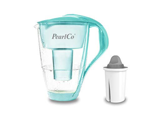 GLAS-Wasserfilter PearlCo (mint) mit 1 Protect+ classic Filterkartusche (f. hartes Wasser) - Made in EU