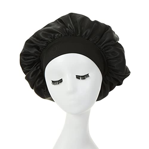 ACEHE Bonnet de nuit en satin solide et élastique pour femme et homme - Noir Cover