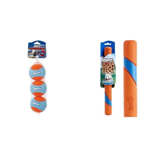 Chuckit Amphibious Fetch Balls Set of 3 Medium Ultra Fetch Stick 12 Inch Dog Toy Bundle