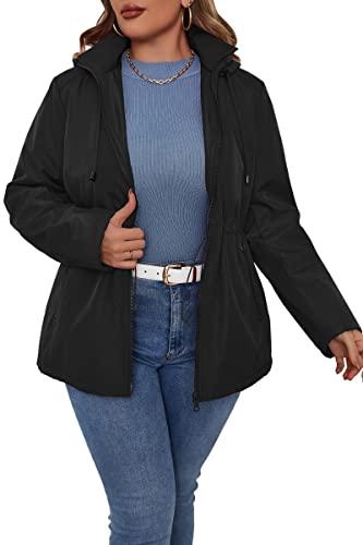 Geschallino Lichte gewatteerde damesjas in extra grote maten, gewatteerd, gevoerd, wintergeïsoleerd, softshell met capuchon met taille en trekkoord (1X-5X), zwart, 5XL