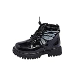 Girls Sparkly Sequin Ankle Boots Cute Butterfly Lace Up Side Zipper Combat Boot Fashion Leather Booties Black