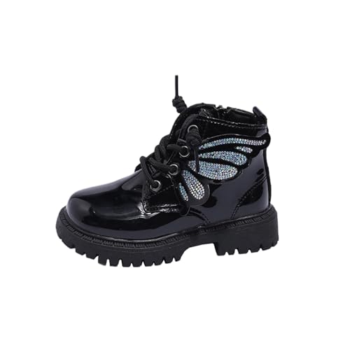 Girls Sparkly Sequin Ankle Boots Cute Butterfly Lace Up Side Zipper Combat Boot Fashion Leather Booties Black
