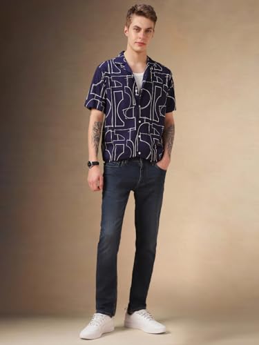 Image of Dennis Lingo Men Blue Printed Viscose Relaxed Fit Half Sleeve Shirts
