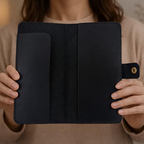 Image of Distressed Leather Checkbook Cover with Pen Holder - Handmade Executive Checkbook Wallet for Men, Women, Slim and Stylish Organizer (Black)