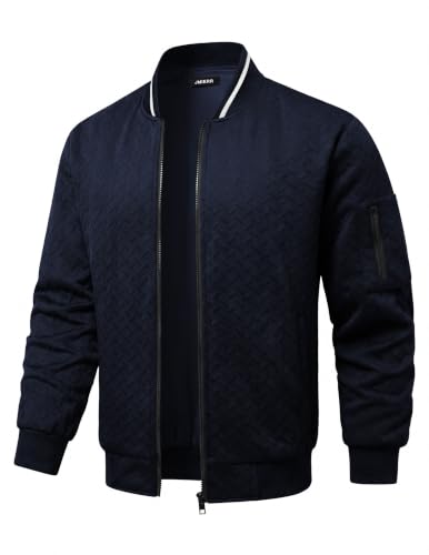 JMIERR Men's Textured Full Zip Bomber Jacket Multi Pockets,Blue,XL