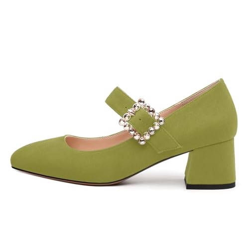Women's Pumps, Square Toe Mid Chunky Heels, Rhinestones Buckle Backstrap Shoes, Fashion Mary Jane for Wedding Party Working2