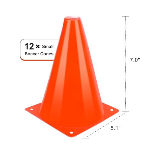 7 Inch Plastic Training Traffic Cones, 12 Pack, Sport Cones, Agility Field Marker Cones for Soccer Basketball Football Drills Sport Training, Outdoor Activity or Practice - Orange