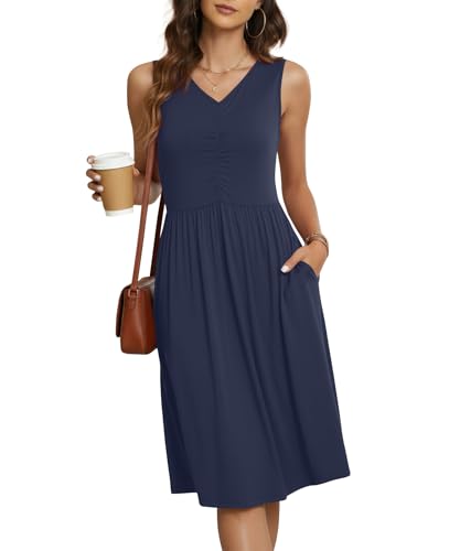 NILOUFO Summer Casual Dresses for Womens Tank Empire Waist Sun Dress Flowy Cold Shoulder V Neck Sleeveless Dresses with Pockets, Navy Blue, Large