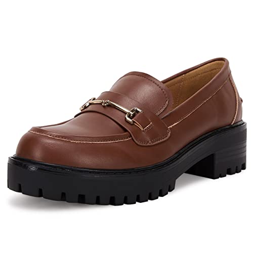 Image of VETASTE Women's Platform Chunky Heel Loafers Slip on Business Casual Shoes | Classic Closed Round Toe, Lug Sole, Work Office Uniform Oxfords, Metal Chain