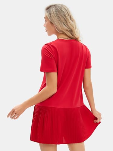 Image of EXLURA Womens Summer Casual Short Sleeve Dress Crewneck Tshirt Dresses Pleated Aline Mini Dress 2025 Vacation Beach Sundress