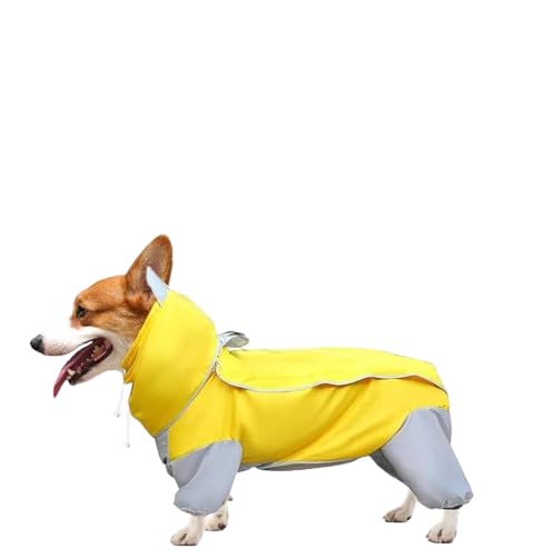 Image of Bhumi Enterprises Dog Raincoats Rain Snow Coats Waterproof Clothing 4 Four Legs Raincoat Full-Cover Dogs Hooded Poncho(Yellow-Grey) (28-Size)