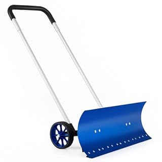Goplus Snow Shovel with Wheels, Heavy-Duty Aluminium Snow Pusher w/ 37.5” Angle-Adaptive Blade, 90° Height Adjustable U-Shaped Handle, Ergonomic Snow Plow Shovel for Doorway & Sidewalk