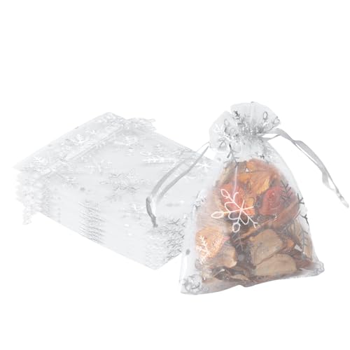Image of YHJZ 50PCS Snowflake Organza Bags, 4x6 inches Small Christmas Gift Bags with Drawstring, Mesh Bags for Gift (White Christmas)