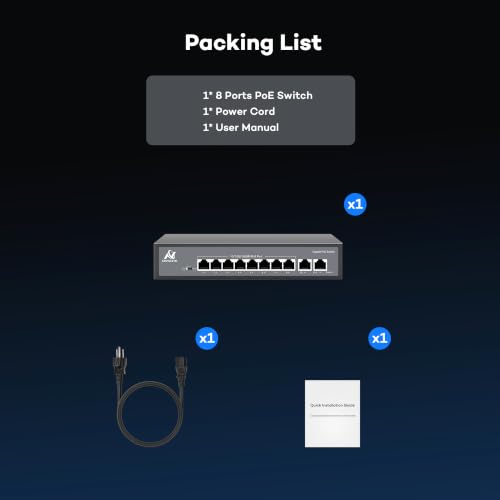 ONWOTE Switch PoE de 8 Puertos Gigabit 93W, 10/100/1000Mbps Auto-adaptativo, 8 Puertos PoE 1Gbps y 2 Puertos Uplink RJ45 1Gbps, Switch Ethernet No Gestionado para Sistema de Cámaras NVR PoE miniatura 7