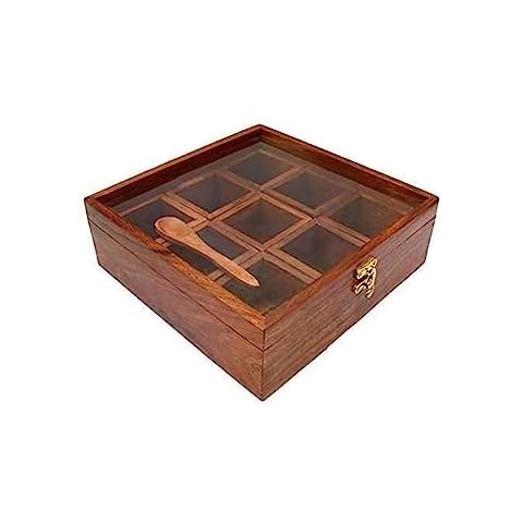 IBLAY Handicraft Brown Designer Wooden Spice Box Kitchen & Dining Great 9 Spices storage Boxes 8 x 8 x 2 inch Cover