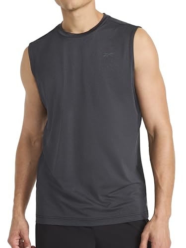 Reebok Men’s Gains Muscle Performance Crewneck Tank Top, Standard Fit, Lightweight Stretch Poly Cool Touch Jersey Fabric, Black Heather, Large