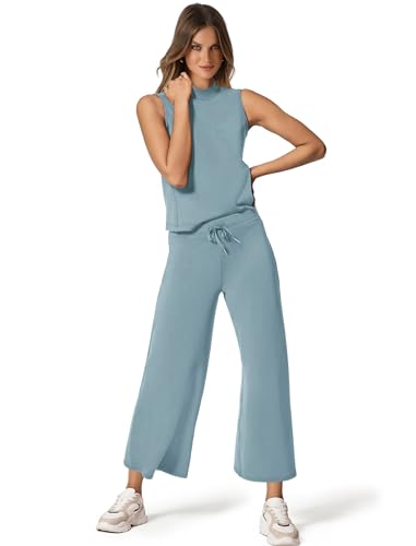 Image of SAMPEEL Two Piece Sets for Women Summer Outfits Lounge Sets Mock Neck Tops Wide Leg Crop Pants Vacation Travel Outfits