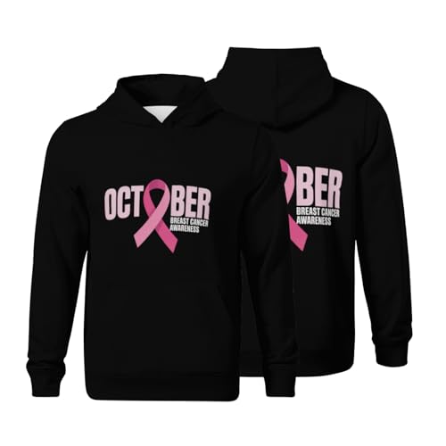 Kids Breast Cancer Awareness Month Pink Ribbon Boys Girls Lightweight Kangaroo Pocket Fleece Hoodies