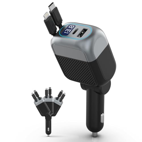 87W格納式車載充電器、4イン1高速USB C充電カーアダプター、45WタイプCケーブル付き iPhone 17/16 Pro Max&Samsung用、12Wライトニングケーブル、iPhone 14用、トラベルエッセンシャルカーアクセサリーの商品画像（Amazon）