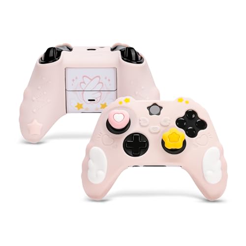 Image of GeekShare Controller Skin Grips Set for Xbox Silicone Protective Cover Skin Case Compatible with Xbox Series X Controller with 2 Thumb Grip Caps and 2 Stickers - Star Wings Series (Pink)