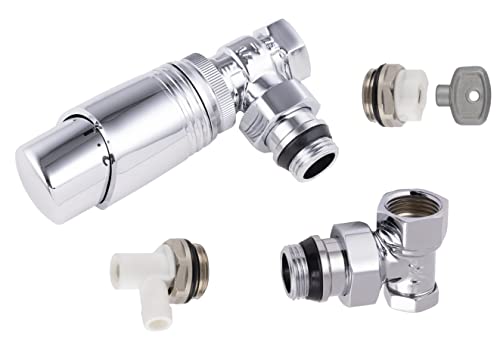 Kit raccordement radiateur chromé 15x21 (1/2) robinet equerre + coude de réglage + robinet de vidange eau + bouchon purgeur air + tête thermostatique filetage standard M30x150 NOYON & THIEBAULT