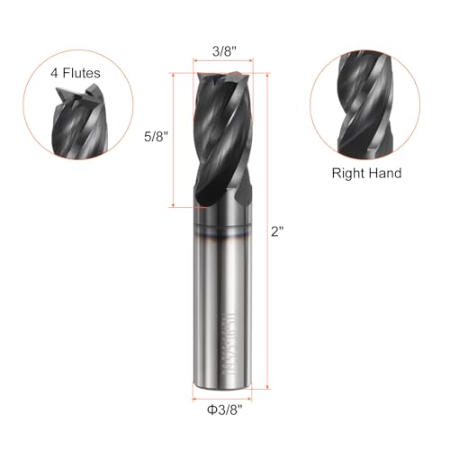 Image of HARFINGTON Carbide Square Nose End Mill Bit 3 /8 inch Cut Dia 4 Flutes TiAlN Coated Milling Cutter for Hardened Steel Metal (3 /8 inch Shank 5 /8 inch Cut Length 2 inch Long 30 Degree Helix)