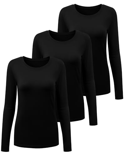 floralhue 3 Pack Underscrub Long Sleeve Women, Scrub Undershirts Crew Neck Comfort Tee with Ultra Soft Fabric, Black, M