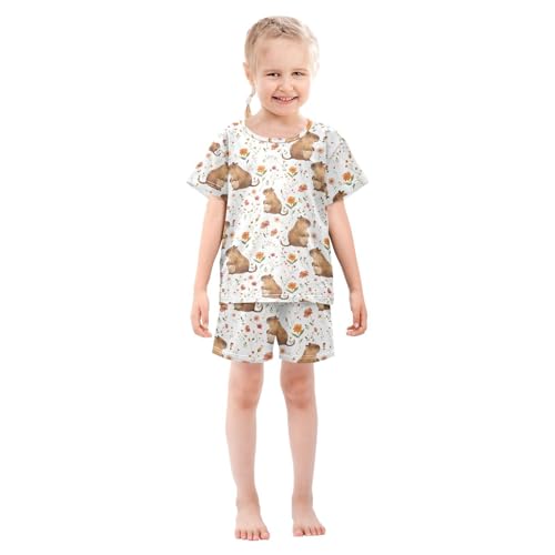 ALAZA Lovely Capybara Flower White Pajamas Short Sleeve 2 Piece Sleepwear Top and Bottom Pajama Set Unisex3