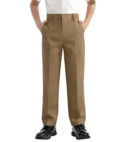 Image of QBK Boys Flat Front Dress Pants Uniform Pants Adjustable Waistband for Toddler to Youth with Pockets