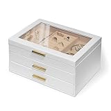 Plush Velvet Jewelry Organizer with 3 Drawers, Large Jewelry Boxes for Women with Clear Acrylic Lid