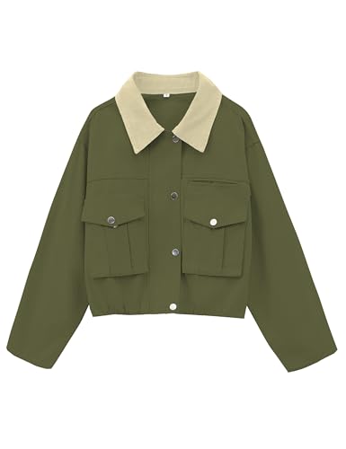 Megfie Damen Cropped-Jacke, Kontrastkragen, Utility-Jacke, Cargoj...