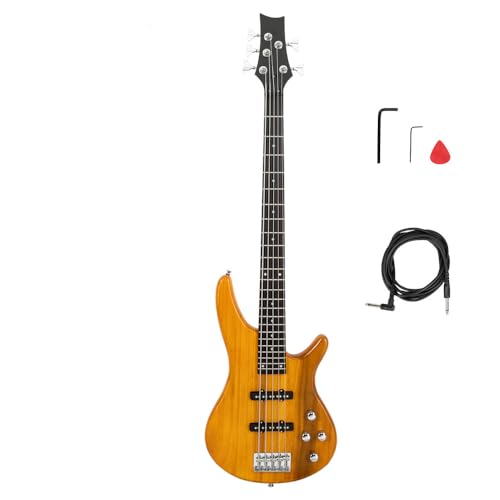 Ktaxon 5 String Electric Bass Guitar, Full Size Standard Right Handed Rosewood Fretboard Bass Kit with Gig Bag Strap Cable Wrench Tool (Yellow)