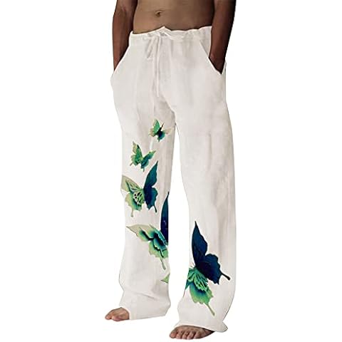 Men's Summer Casual Linen Sweatpants Comfy Fit Elastic Waist Long Yoga Pants Trousers Butterfly Print Drawstring Beach Pockets Trousers Loose Fit Wide Leg Pants for Men #09 XL Cover