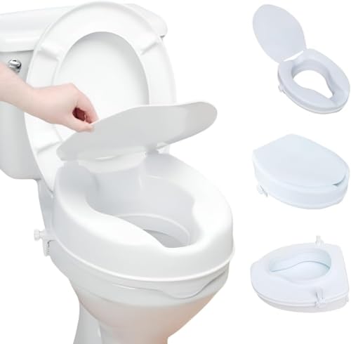 Eazy 4 Inch Raised Toilet Seat with Lid Secure Locking Toilet Seat Riser for Elderly Disabled Adults Toilet Aid for Hip Knee or Pregnancy Recovery