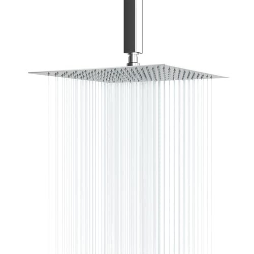 Lordear 12 Inch Square Shower Head Polish Chrome Solid Ultra Thin 304 Stainless Steel Rain Setting Shower Heads,Waterfall Full Body Coverage with 144 Silicone Nozzles