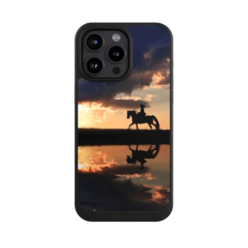 Coque iPhone 15 Pro Max NIVOcore noire motif cheval et coucher du soleil