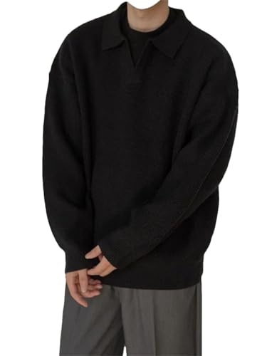 Men's V-Neck Pullover Casual Long-Sleeved Retro Lapel Knitted Sweater