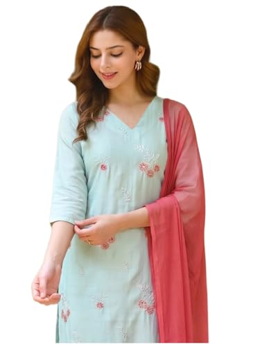 Image of ANNI Designer Kurta Sets for Women Viscose Embroidered | Kurti Set for Woman | Kurta Pant Dupatta Set | 3 Piece Set Women | Straight Kurti | V Neck Full Sleeve Suit Set Stylish Ethnic Outfit Clothing