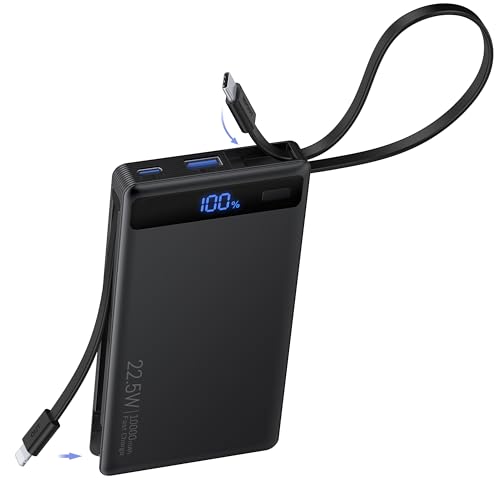 Amazon 2026新登場 ・16 超薄型 モバイルバッテリー 10000mAh大容量 軽量 小型 急速充電 スマホ充電器 LCDディスプレイ残量表示 22 5W Type-c Lightningケーブル内蔵 PSE認証済み iPad iPhone Android全種機器対応