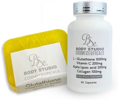 Body Studio Cosmeceuticals Glutathione Pills with Vitamin C Skin Lightening Bar Soap- Best Antioxidants Supplements with Vitamin C Glutathione soap 60 Vegan softgel Pills