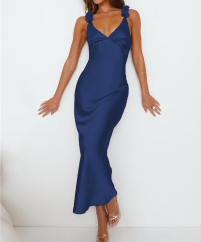 Image of Phicia Summer Satin Spaghetti Strap V Neck Midi Dresses for Women Wedding Guest Elegant Flower Backless Cocktail Formal Dress