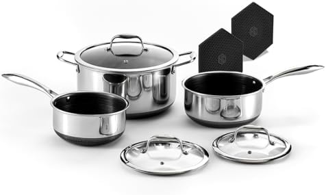 HexClad Hybrid Nonstick 6-Piece Pot Set with 2 Silicone Trivets, 2, 3, and 8-Quart Pots with Tempered Glass Lids, Stay-Cool Handles, Dishwasher-Friendly, Induction-Ready, Compatible with All Cooktops