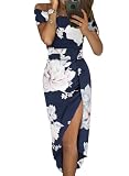 Sidefeel Women's Casual Off The Shoulder Floral Print High Slit Evening Party Bridemaid Wedding Guest Dresses Blue Flower 2X-Large