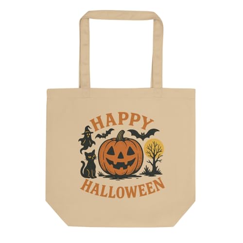 Vintage Happy Halloween Pumpkin, Black Cat, Ghost, and Bats – Organic Cotton Tote Bag