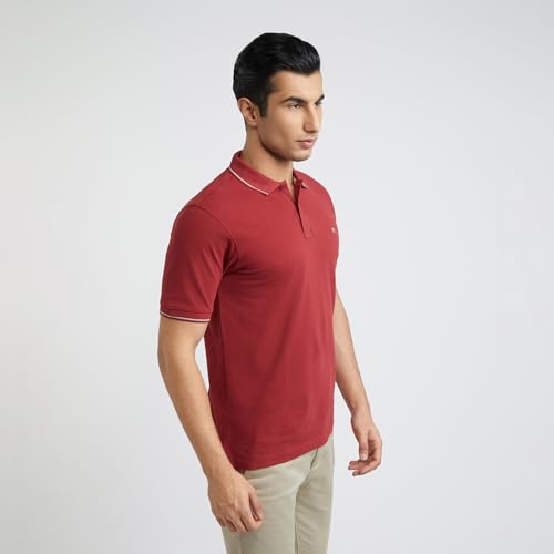 Image of Raymond Men's Modern Fit Solid Pattern Pure Cotton Polo Neck Half Sleeve Casual T-Shirt