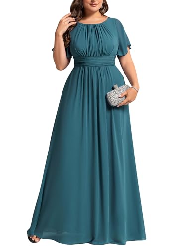 Image of Ever-Pretty Plus Elegant Formal Dresses for Curvy Women Round Neck Short Sleeves Chiffon Bridesmaid Mother of The Bride Dress