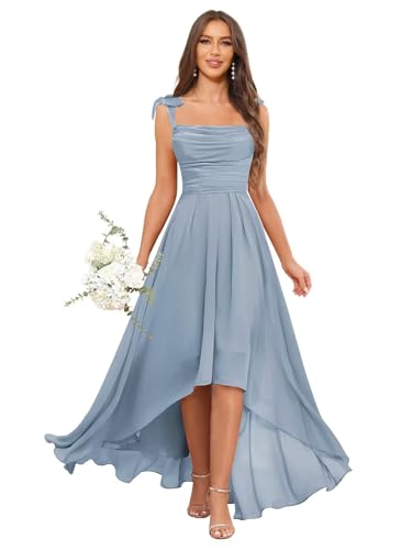 Women's Chiffon Bridesmaid Dresses for Wedding Long High Low Spaghetti Strap Formal Evening Dress with Pockets4