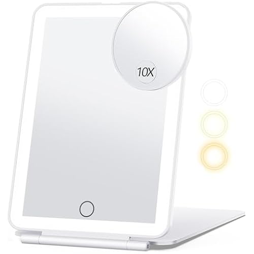 Travel Makeup Mirror with 10X Magnifying Mirror, Vanity Mirror with 80LEDs, 3 Color Lighting, Rechargeable 2000mAh Batteries, Portable Ultra Slim Lighted Makeup Mirror, Travel Essential for Women