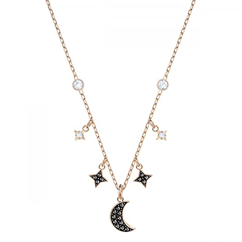 Swarovski Symbolic Necklace with a Black Crystal Pavé Moon Black and White Crystal Studded Star Charms on a Gold-Tone Plated Chain